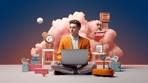 Ein Mann sitzt auf dem Boden mit Notebook auf dem Schoß. Hinter ihm sind Wolken und viele verschiedene kleine Objekte.